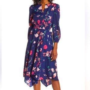 Eliza J Navy Floral Hanky Hem Midi, Size 16W